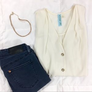 sheer top with gold & white buttons